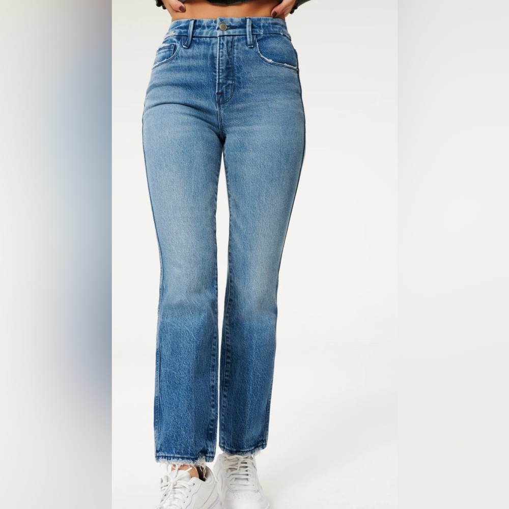 Good American Good Curve Straight Jeans Natural Fray Hem - Blue858 Size 16